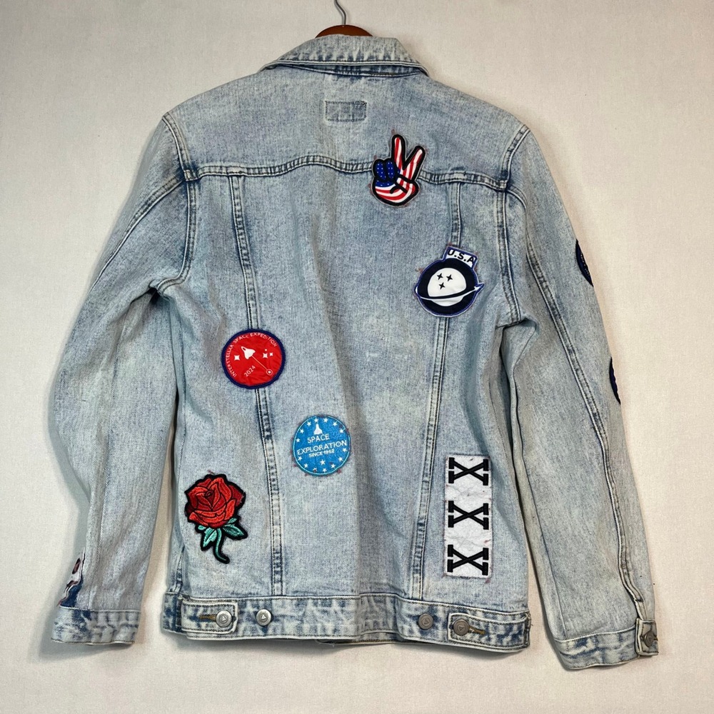ASOS Denim Jacket Mens Large Light‎ Wash Patched Space USA Theme - Size L - Picture 4 of 7